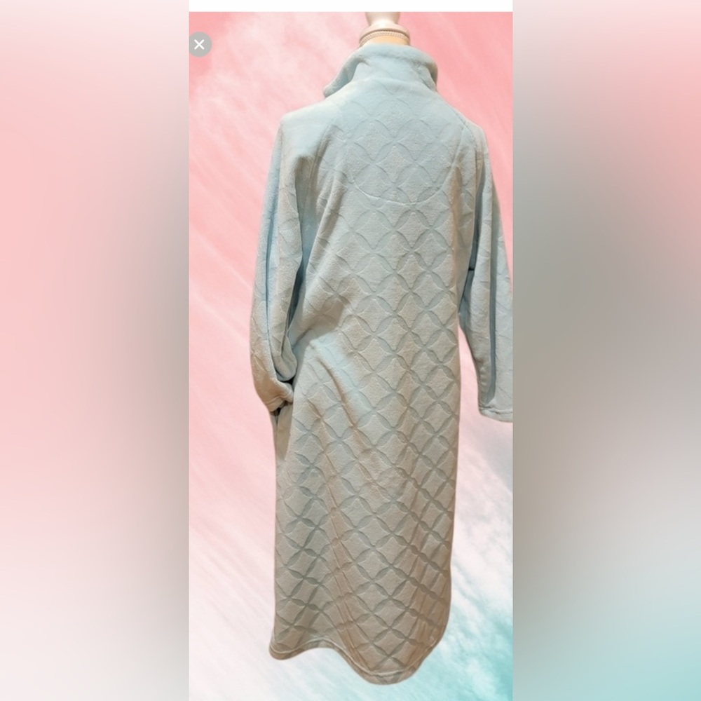 Stan Herman House Coat Robe M Green Textured Fleece Full Zipper Pockets